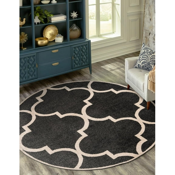 Unique Loom Trellis Collection Area Rug - Austin (6' 1" Round Black and White/Black)