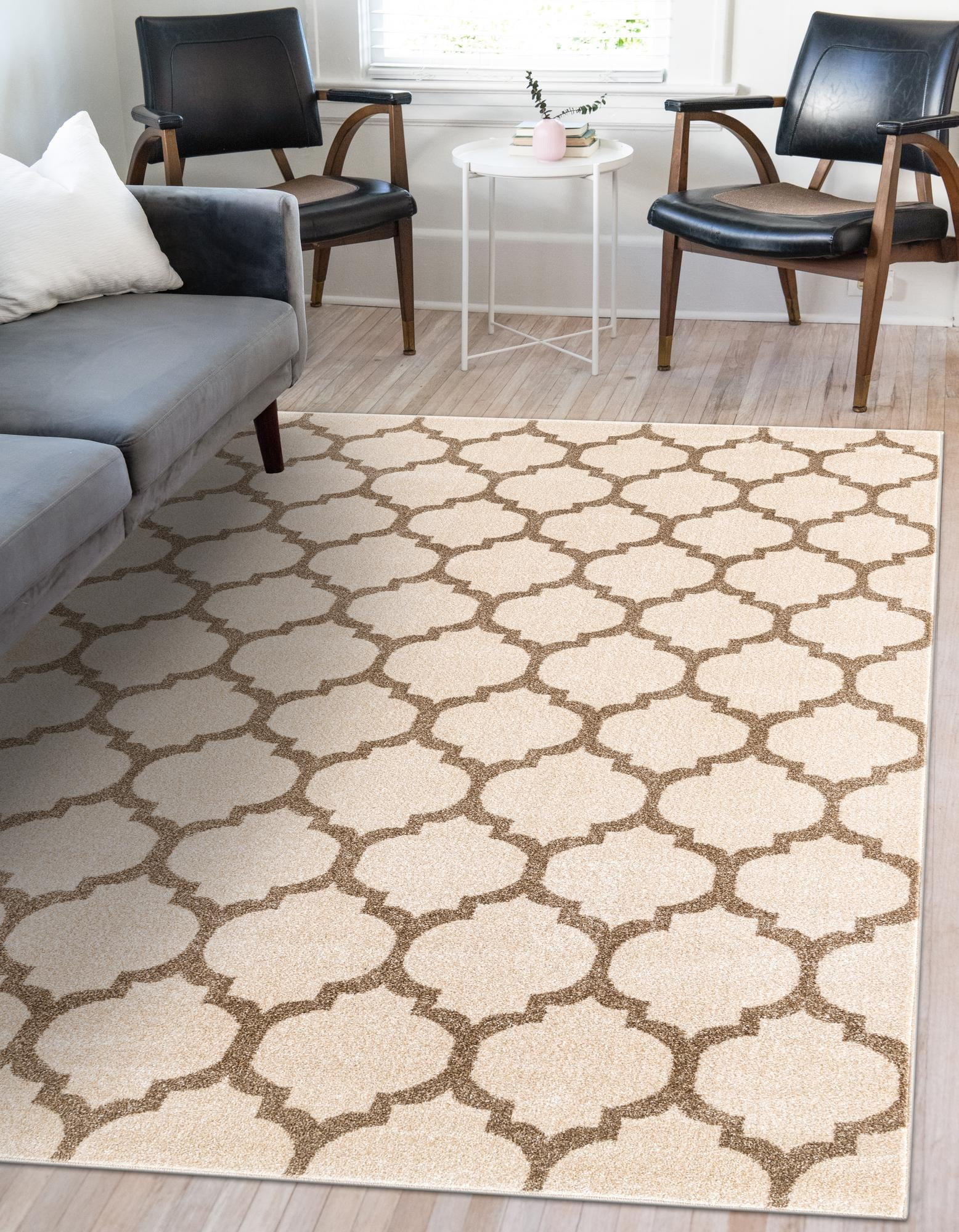 Beige and Light Brown Trellis Synthetic Area Rug