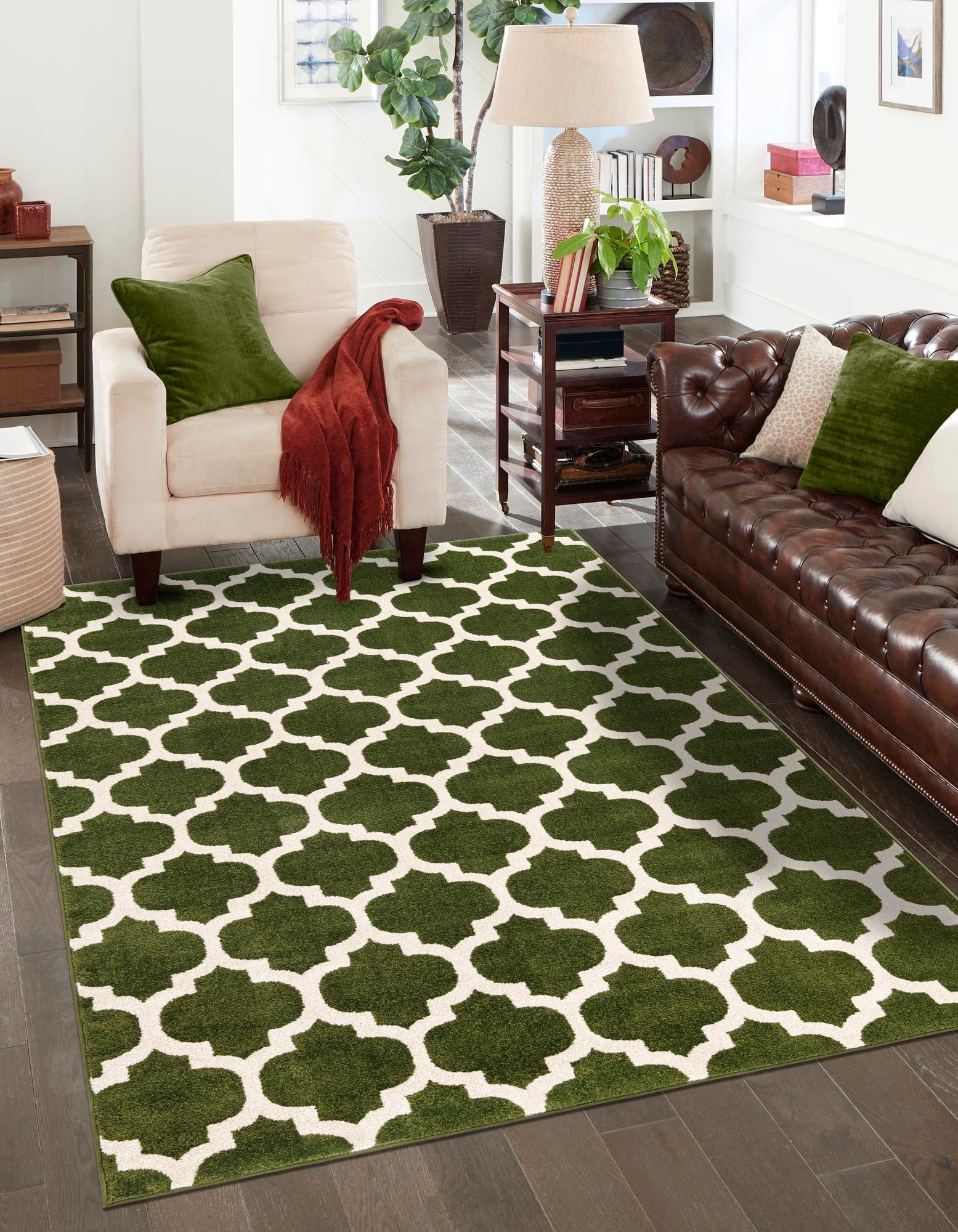 Elegant Dark Green Trellis Synthetic Indoor Rug, Stain-Resistant and Washable