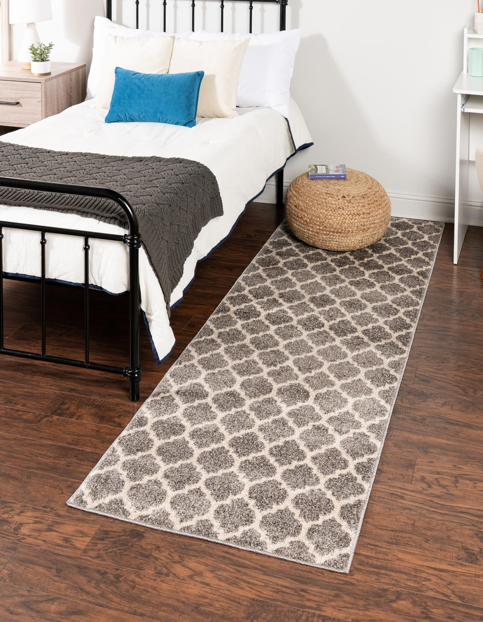 Dark Gray and Beige Trellis Pattern Washable Runner Rug