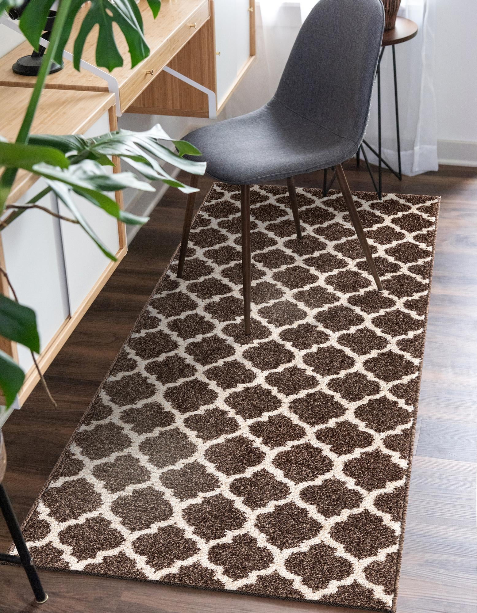 Brown and Beige Synthetic Trellis Runner Rug