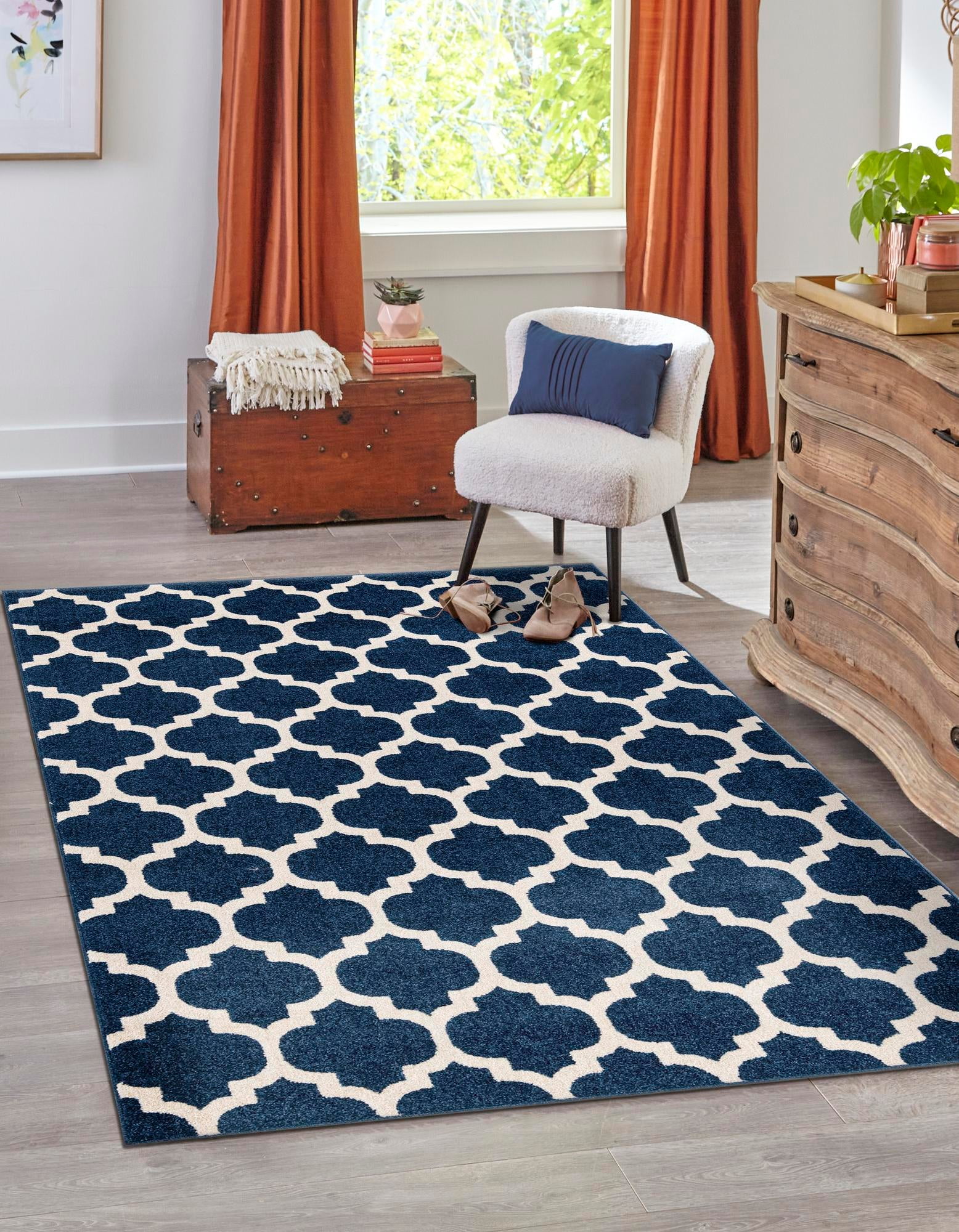 Elegant Dark Blue Trellis 4' x 6' Synthetic Easy-Care Area Rug