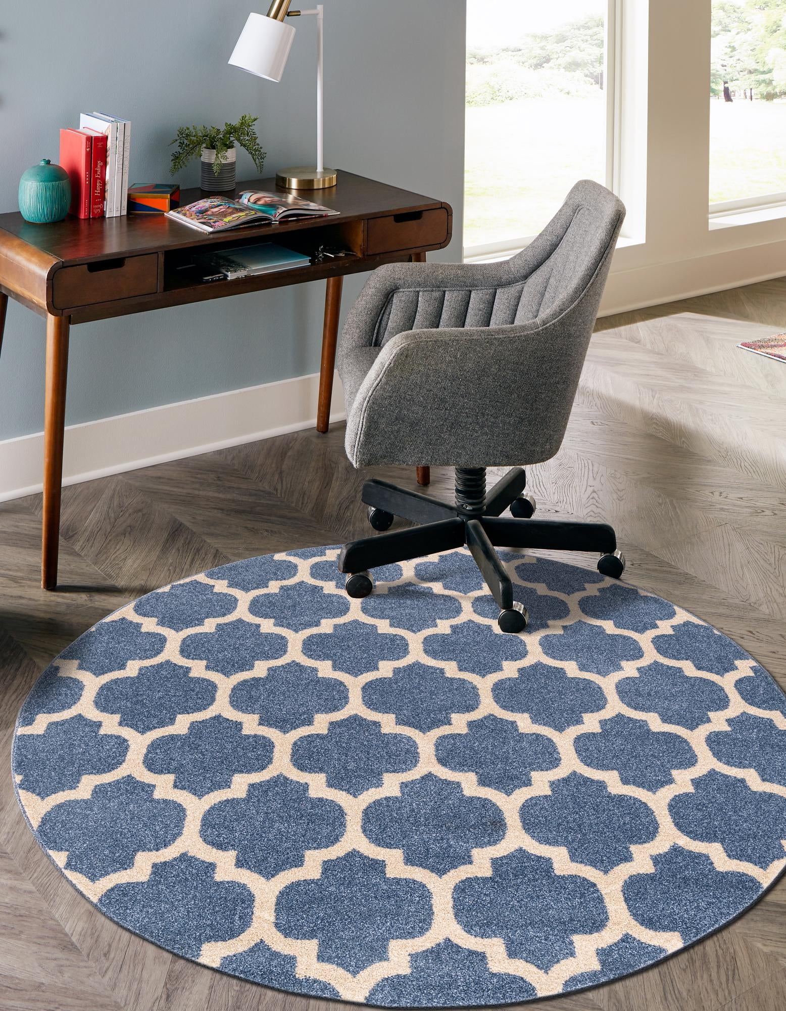 Light Blue Synthetic Trellis Round Washable Rug 8'