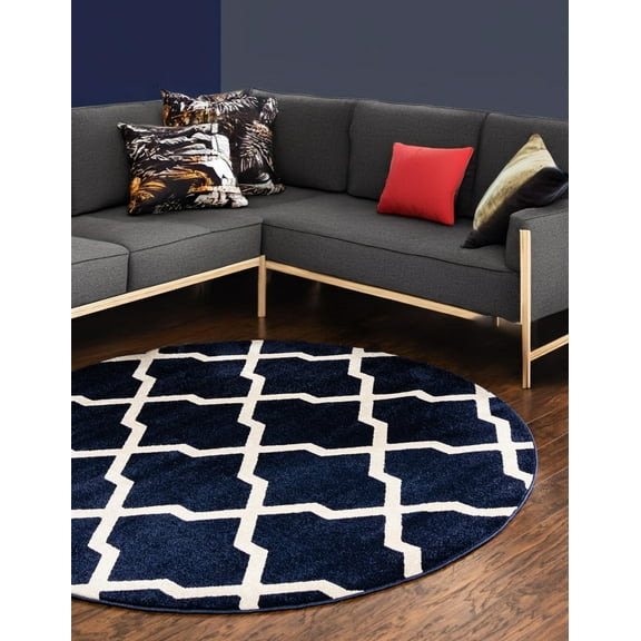 Unique Loom Trellis Collection Area Rug - San Antonio (3' 3" Round Navy Blue/Beige)