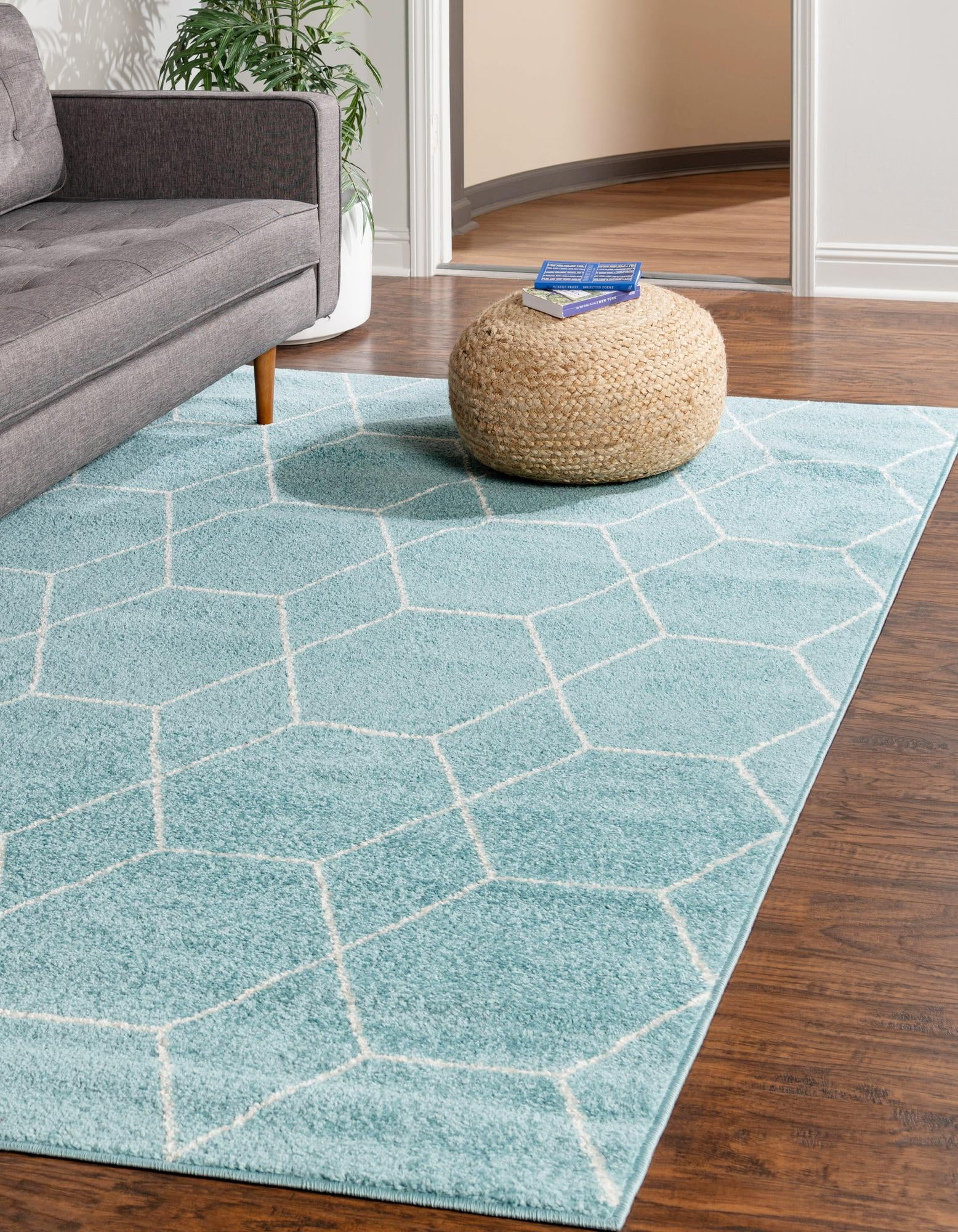 Light Blue Ivory Trellis Synthetic Rectangular Easy-Care Rug