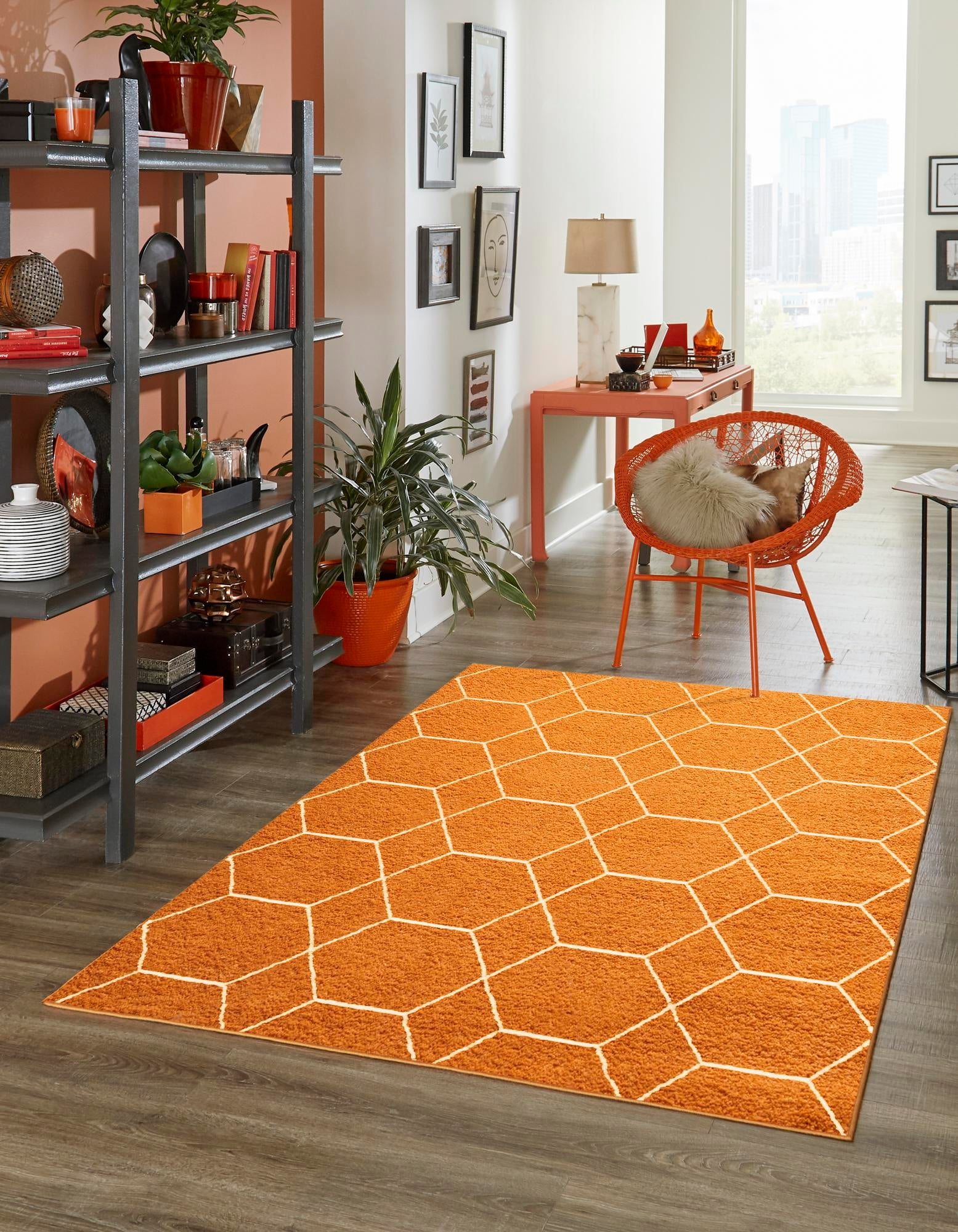 Trellis Frieze Orange Synthetic 3'3" x 5'3" Rectangular Rug