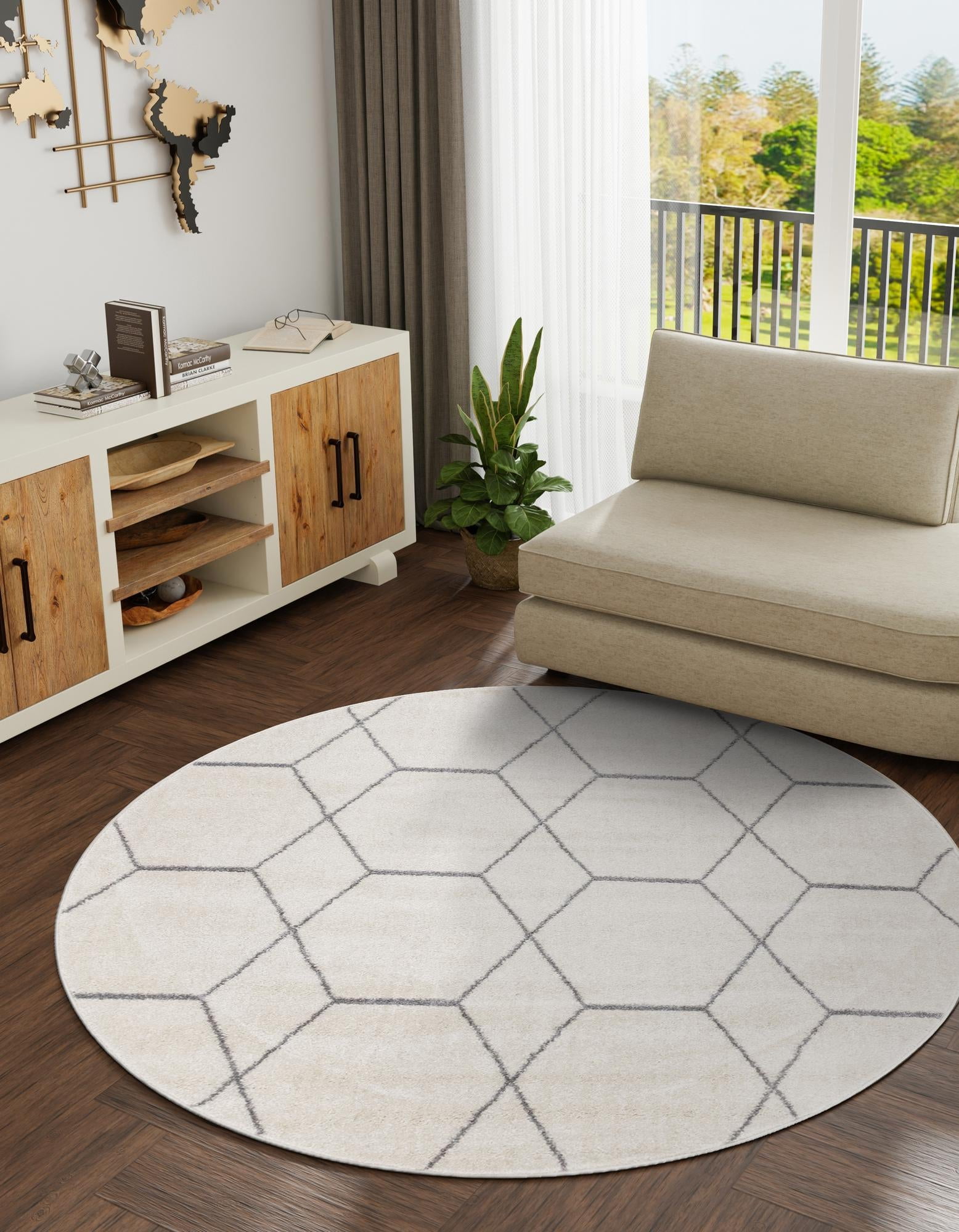 Ivory and Gray Round Trellis Synthetic Area Rug