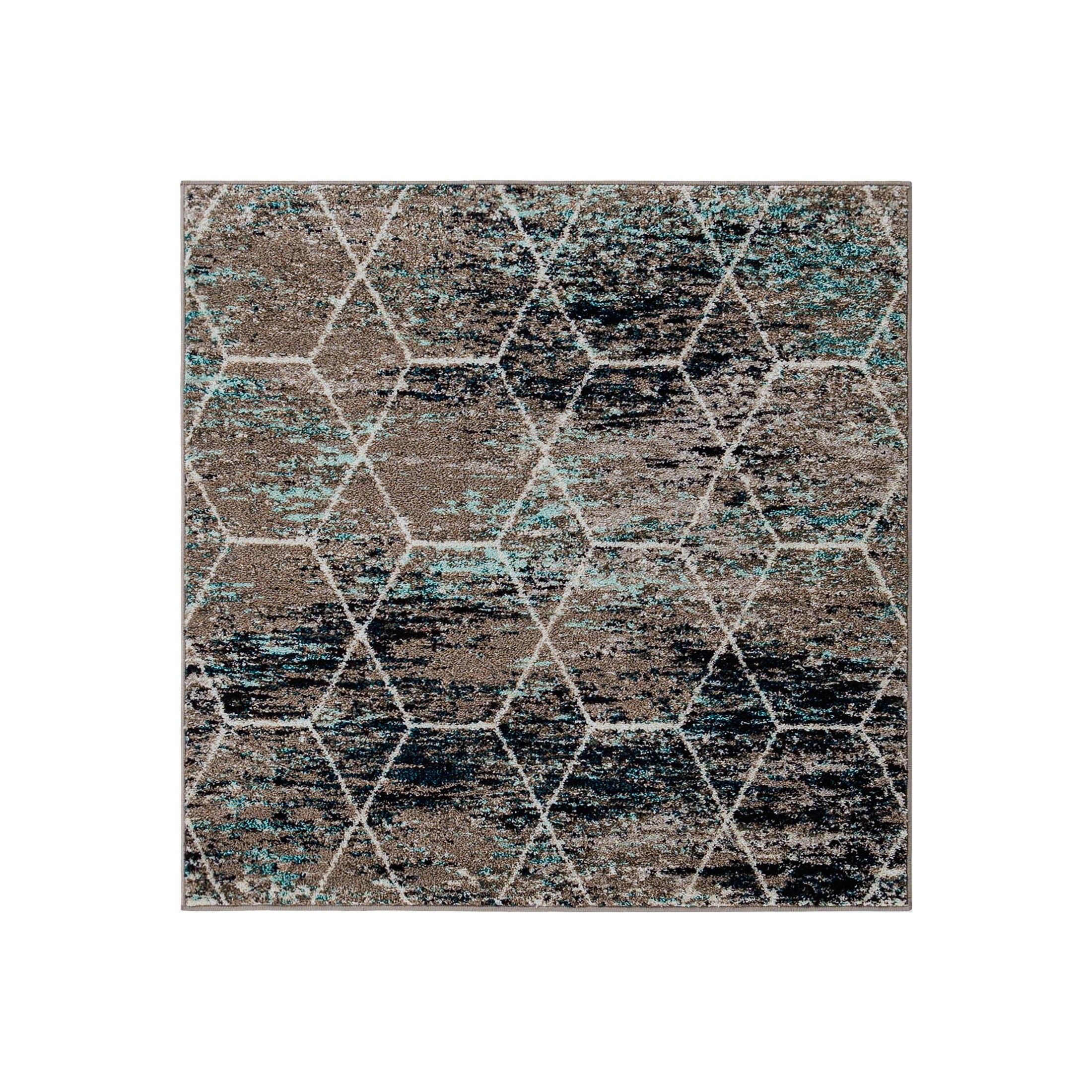 4 ft Square Blue Multi Trellis Synthetic Area Rug