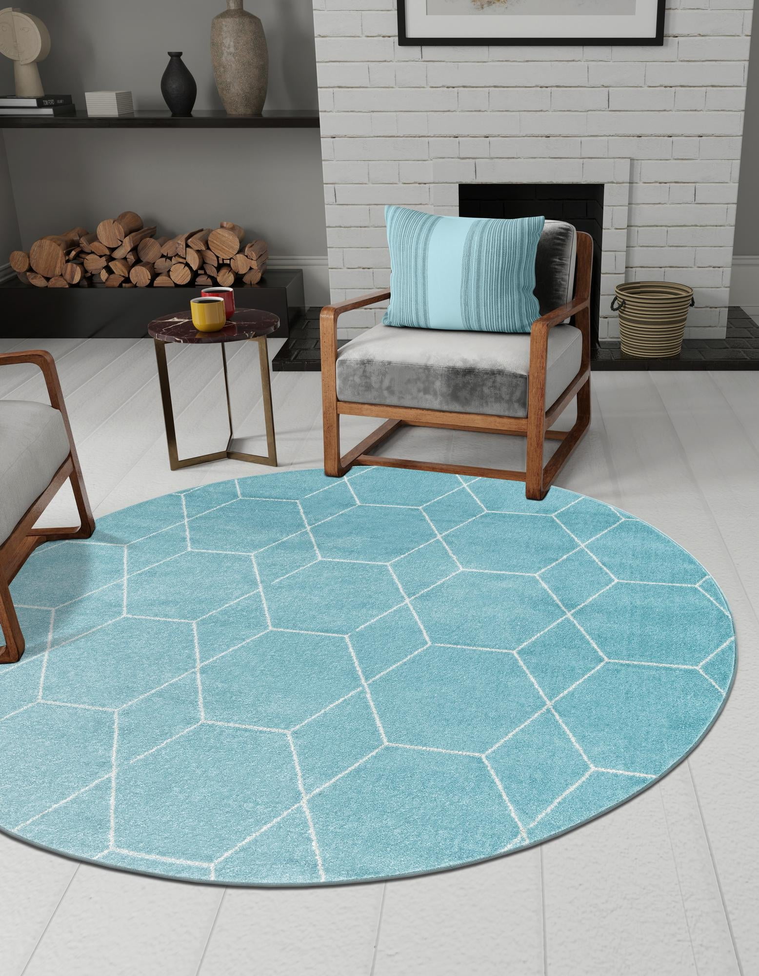 Light Blue and Ivory Round Geometric Trellis Rug