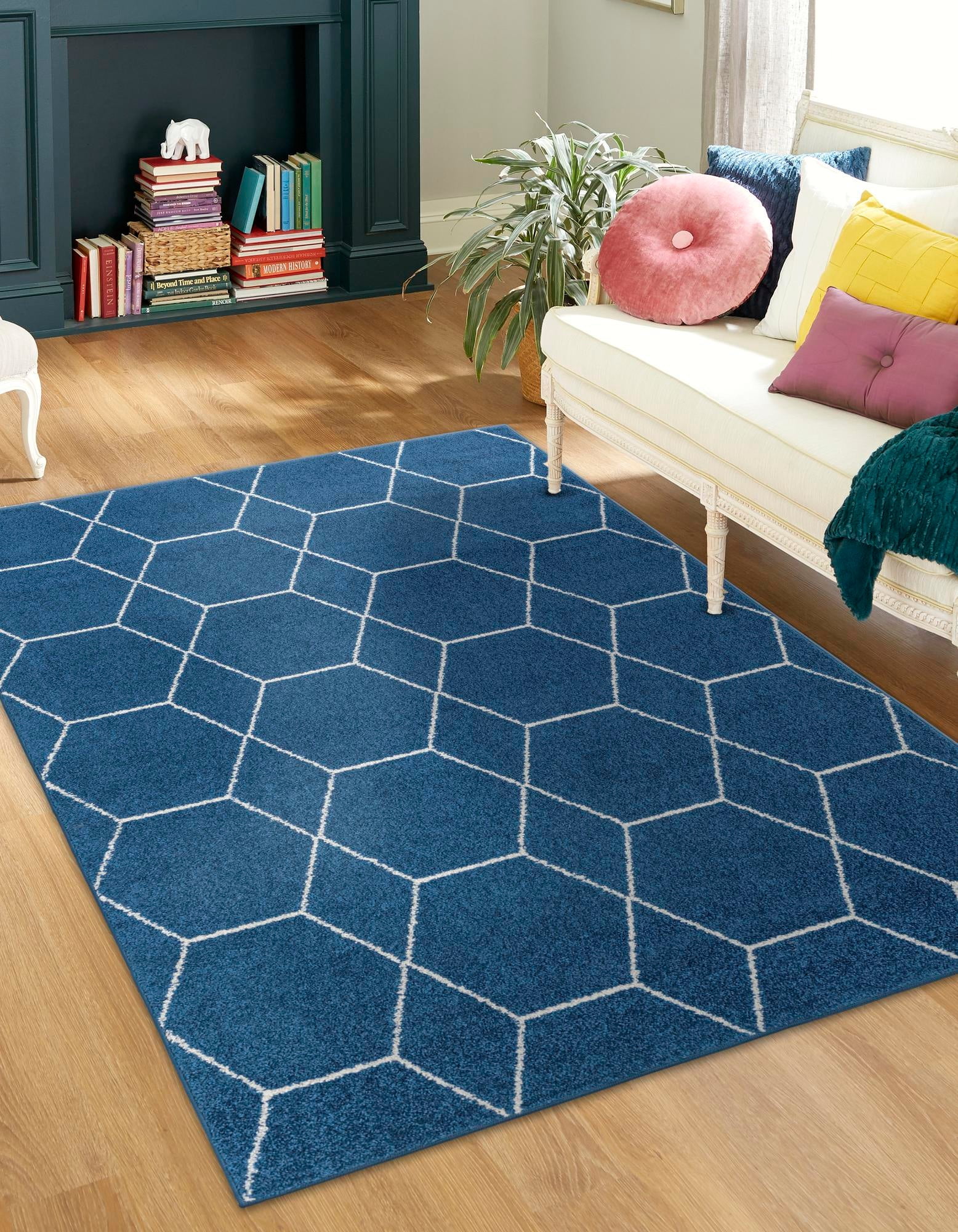 Navy Blue Geometric Trellis Synthetic Indoor Area Rug