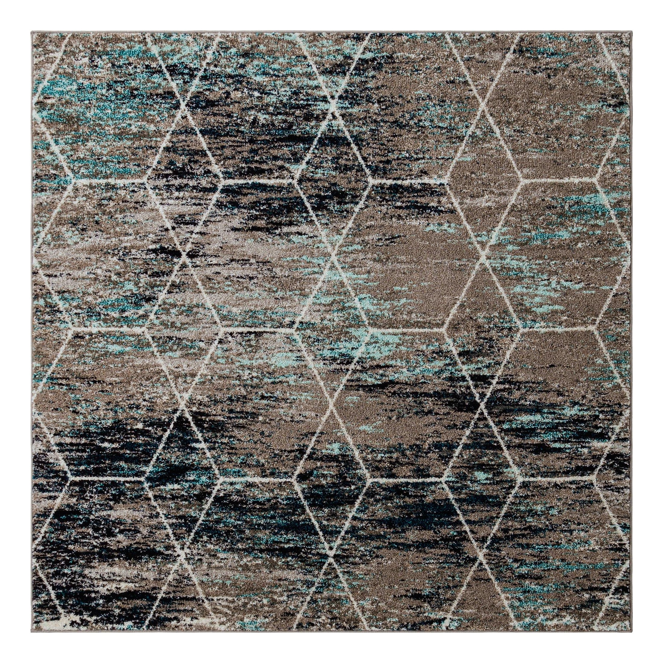 Beige and Blue Square Trellis Synthetic Area Rug