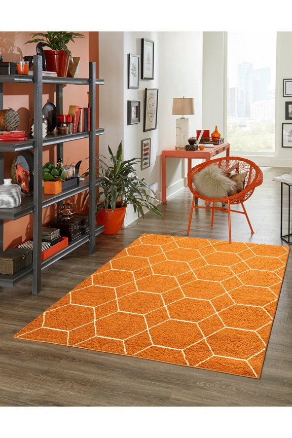 Trellis Frieze Collection Area Rug - Geometric (6' 1" x 9' Rectangle Orange/Ivory)
