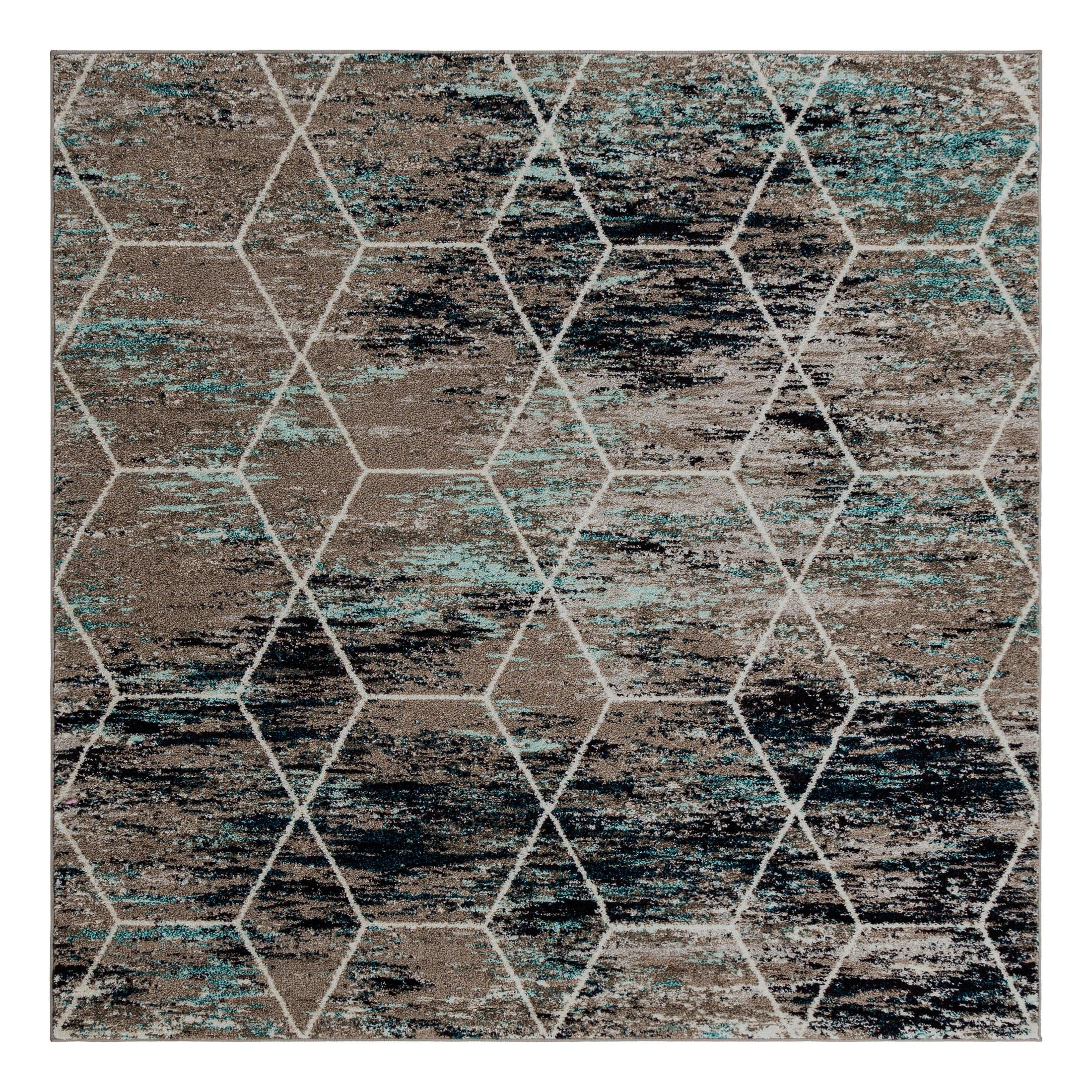 Beige and Blue Trellis Square Indoor Synthetic Rug
