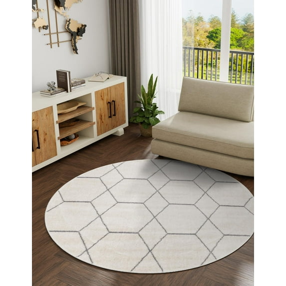 Unique Loom Trellis Frieze Collection Area Rug - Geometric (8' Round Ivory/Gray)