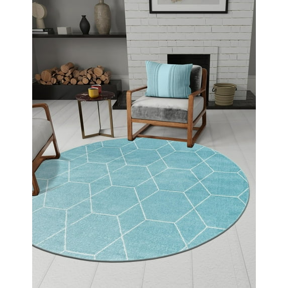 Unique Loom Trellis Frieze Collection Area Rug - Geometric (8' Round Light Blue/Ivory)