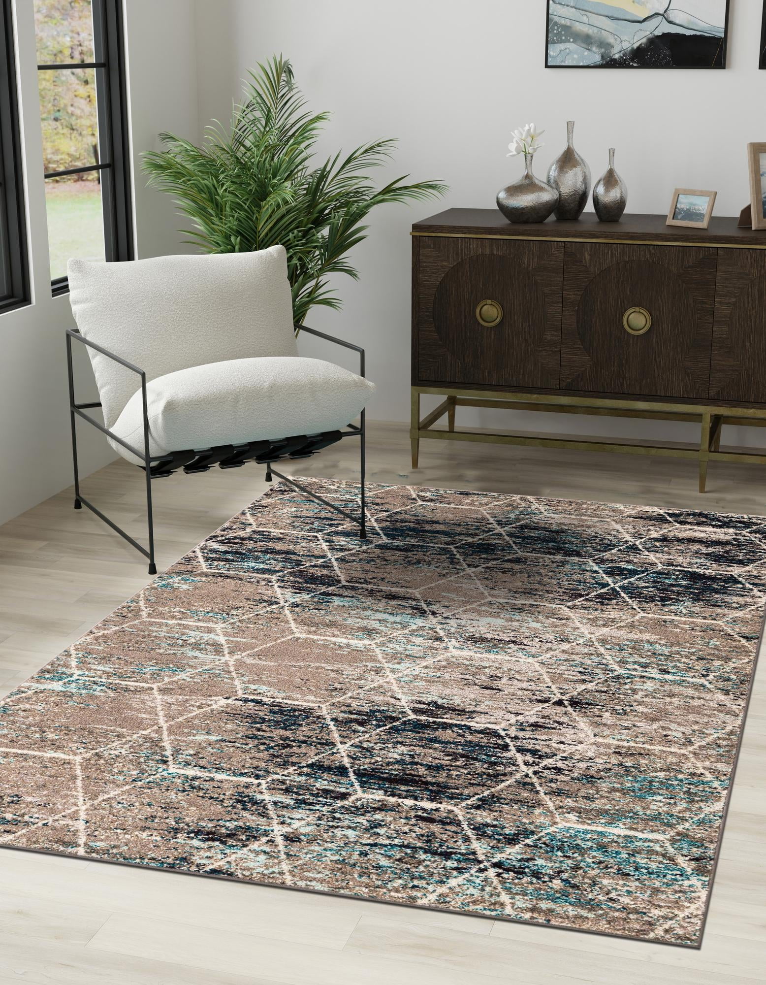 Blue Multi Rectangular 8' x 10' Synthetic Trellis Area Rug