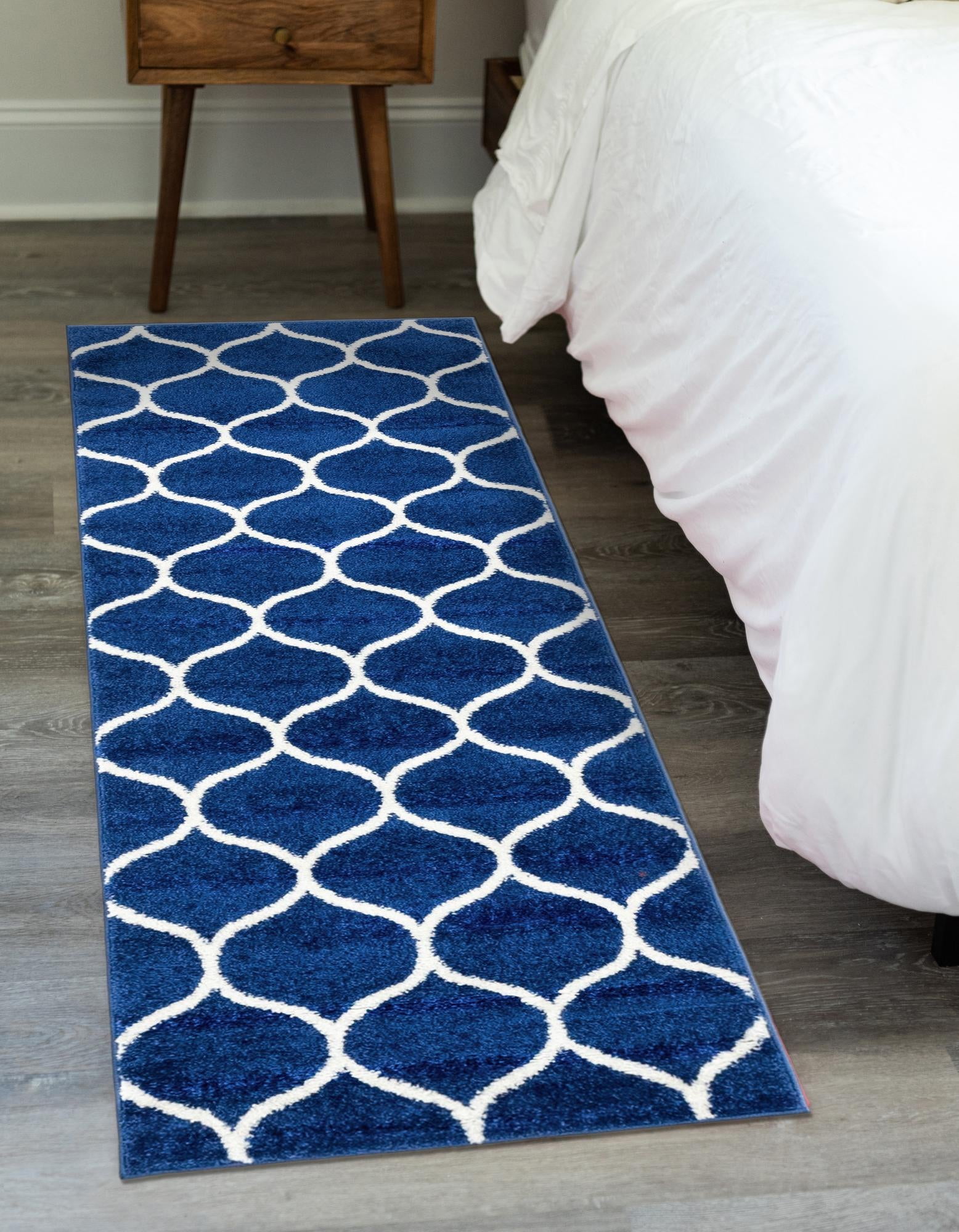 Navy Blue and Ivory Synthetic Trellis Runner Rug