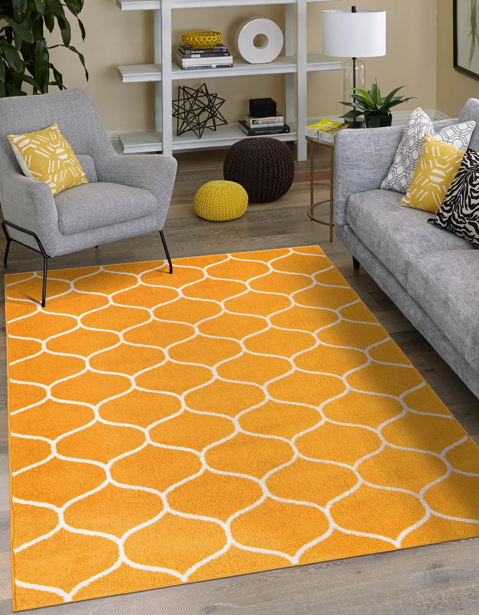 Orange and Ivory Trellis Synthetic Rectangular Area Rug