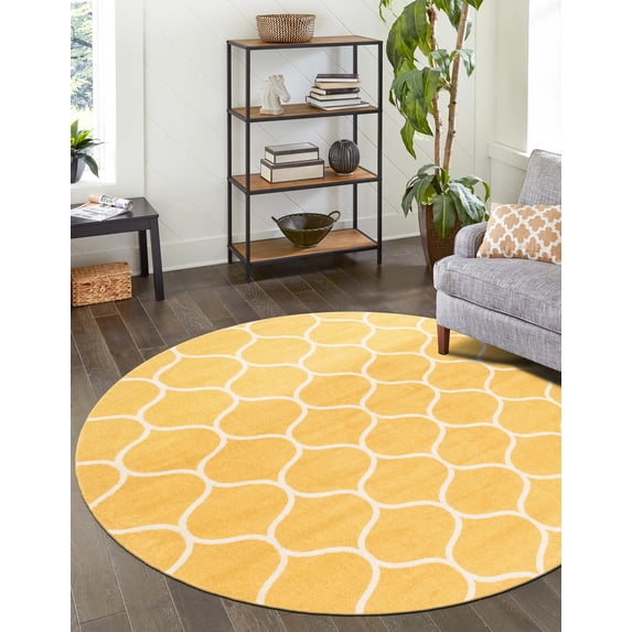 Unique Loom Trellis Frieze Collection Area Rug - Rounded (5' 1" Round Yellow/Ivory)