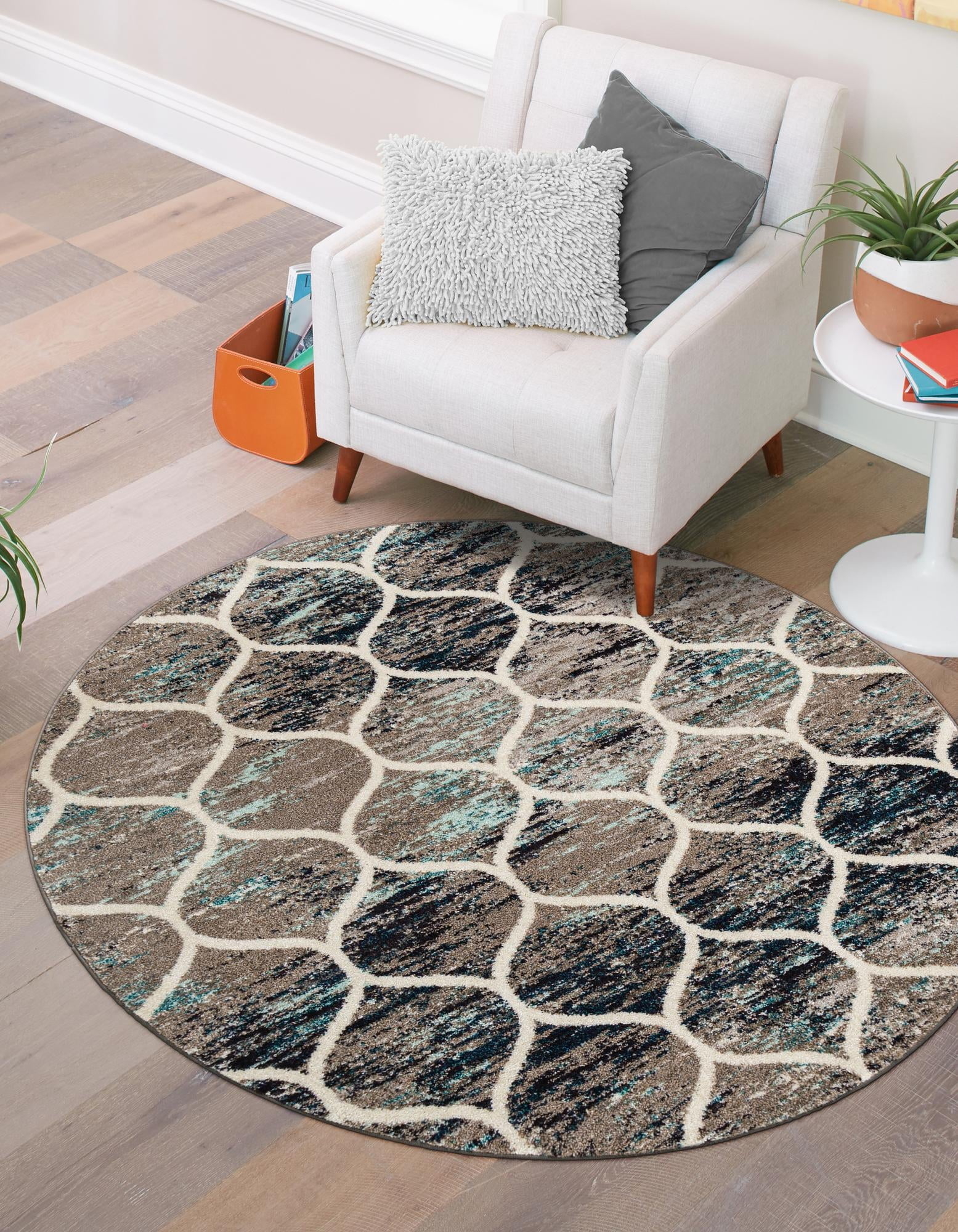 5 Rounded Blue Unique Loom Trellis Frieze Collection Area Rug - Rounded (5' Round Blue ...