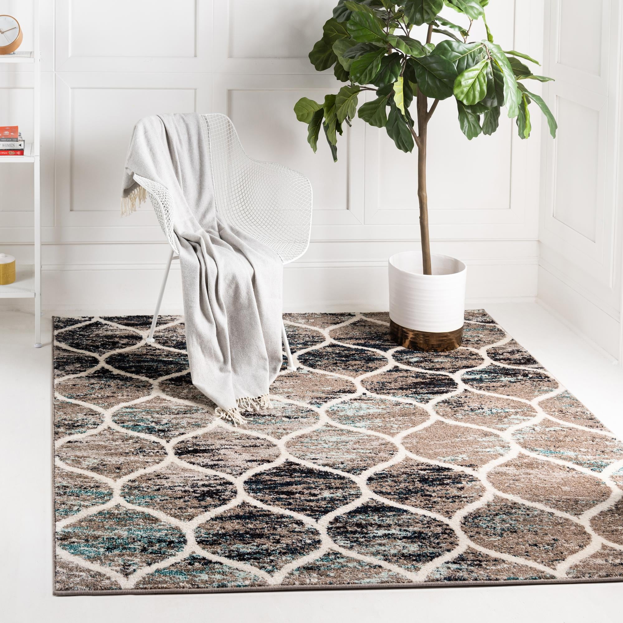 Square Blue and Beige Synthetic Trellis Area Rug