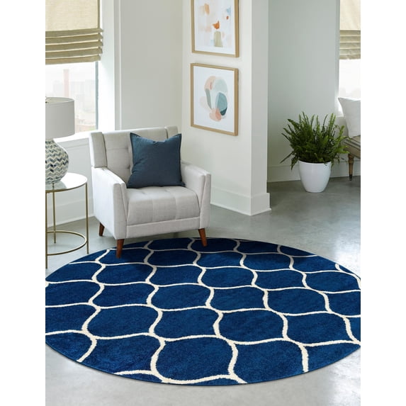 Unique Loom Trellis Frieze Collection Area Rug - Rounded (6' Round Navy Blue/Ivory)