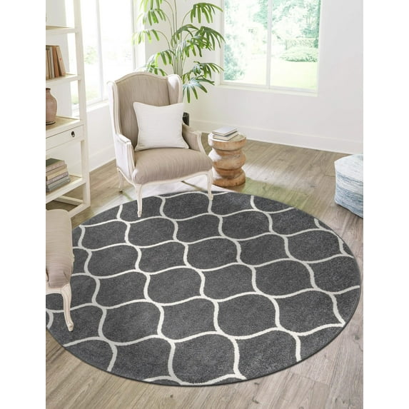 Unique Loom Trellis Frieze Collection Area Rug - Rounded (7' Round Dark Gray/Ivory)
