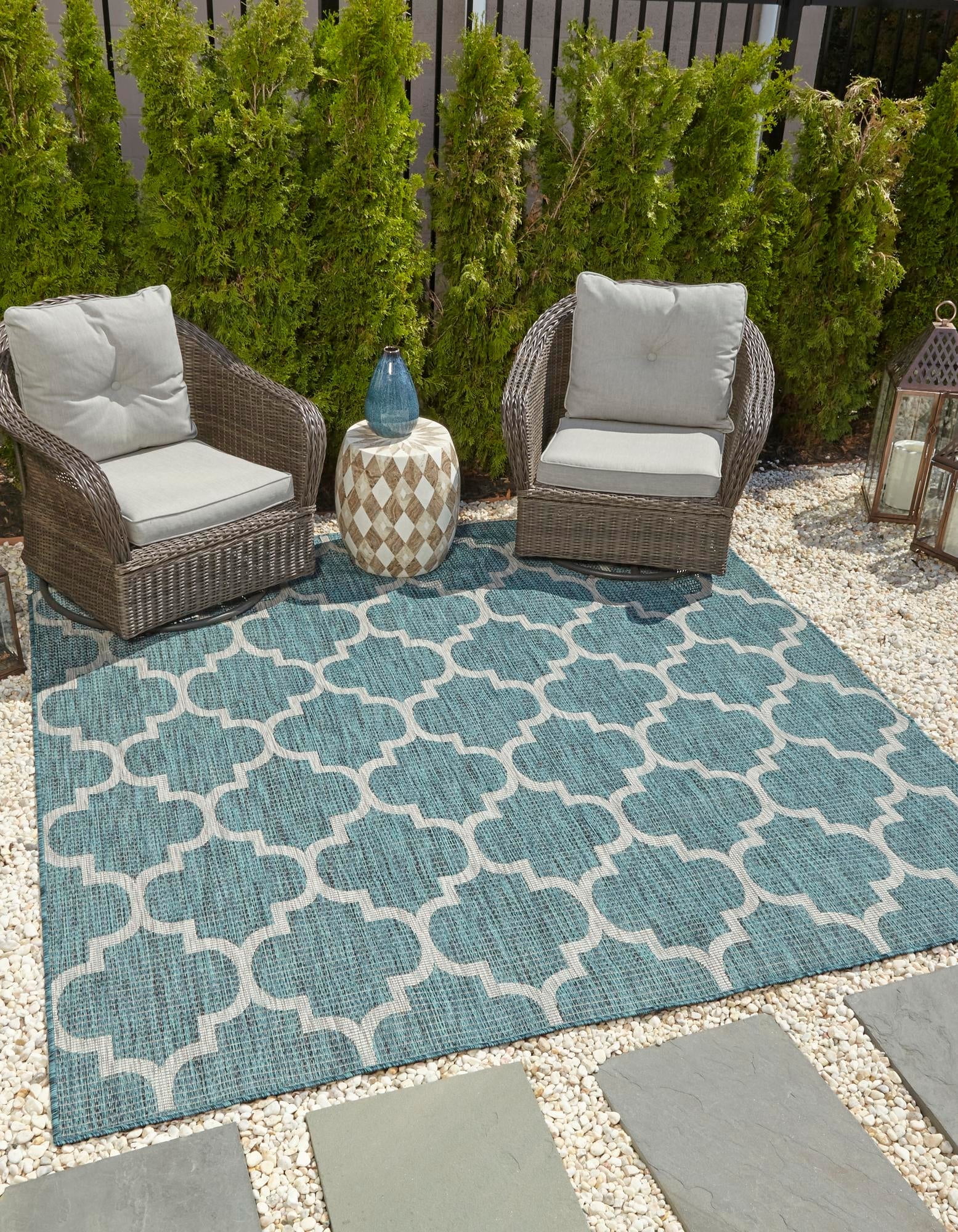Teal & Gray Square Trellis Outdoor Rug, Easy-Care Synthetic