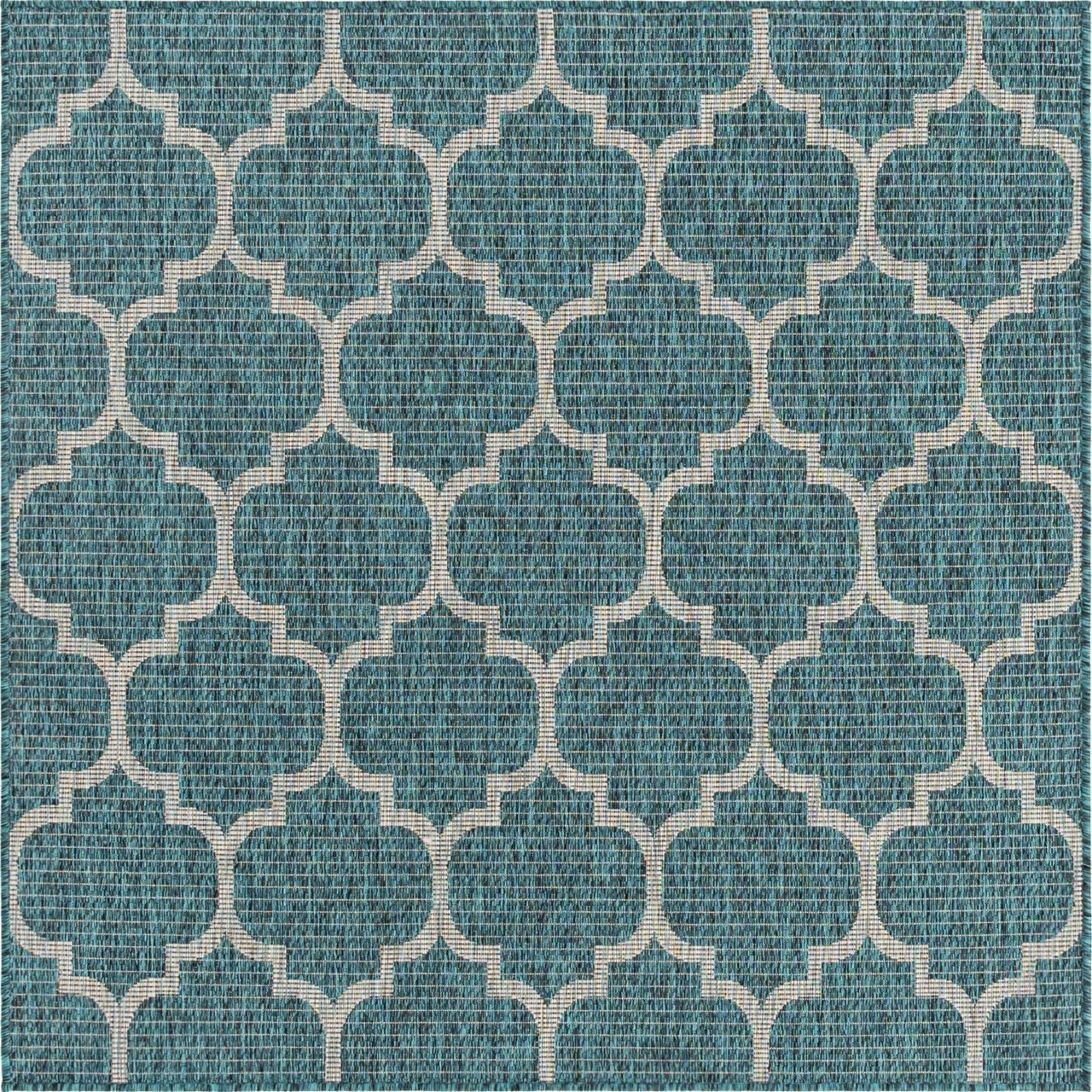 Teal & Gray Square Trellis Outdoor Rug, Easy-Care Synthetic