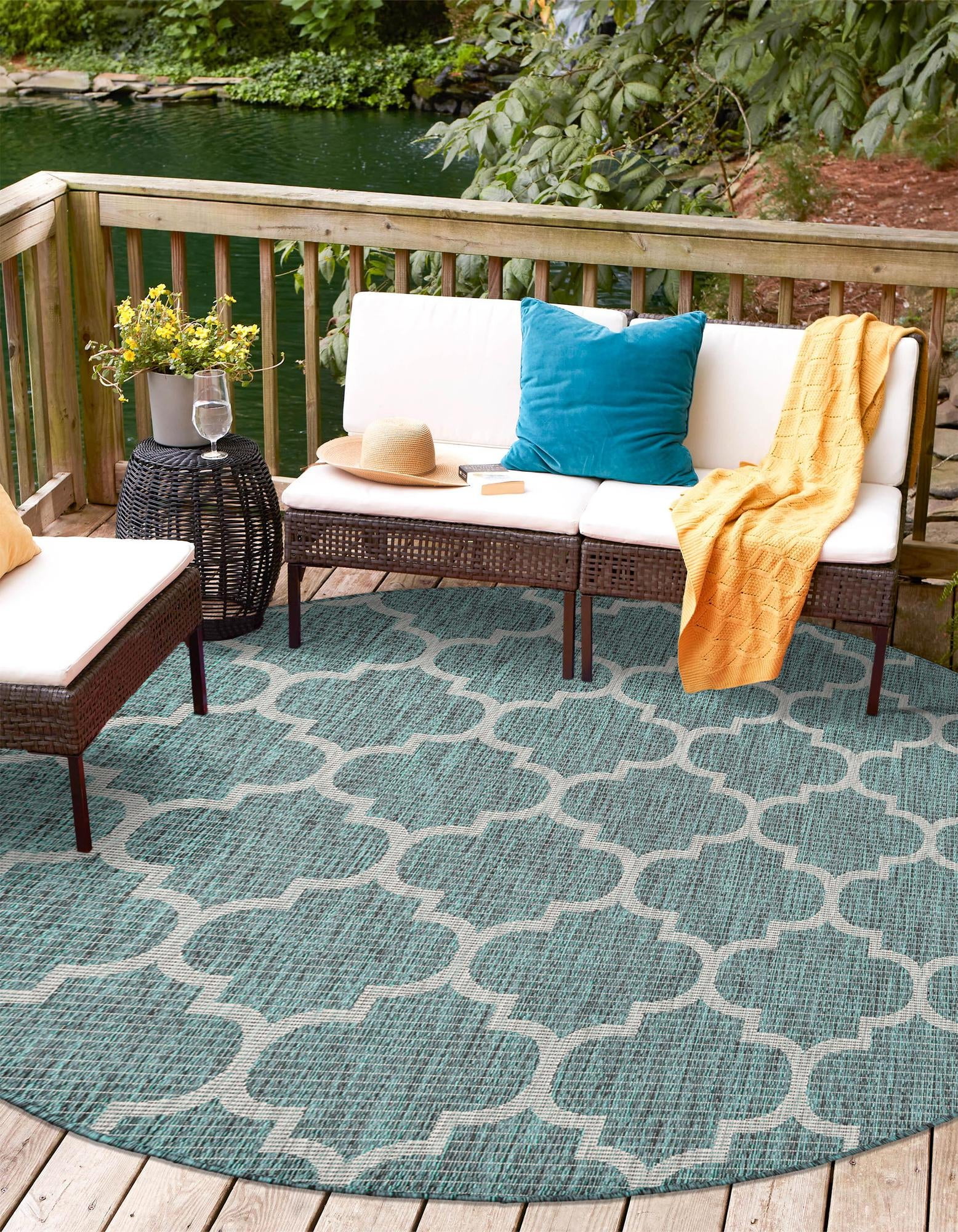 Unique Loom Outdoor Trellis Collection Area Rug (8' Round Teal/Gray