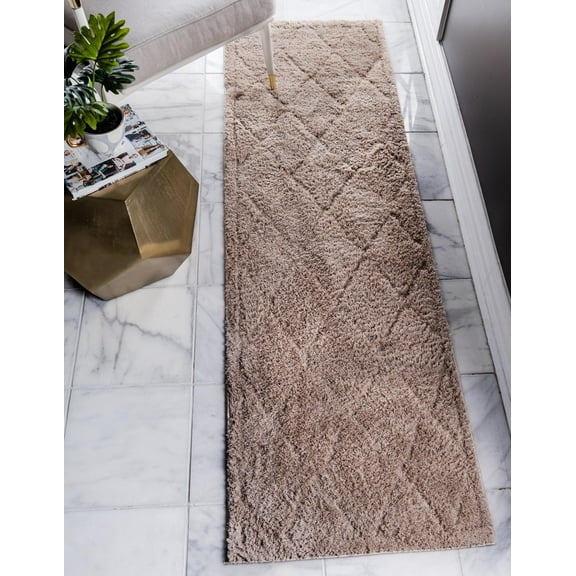Unique Loom Trellis Shag Collection Area Rug - Diamond (2' 7" x 10' Runner Beige)