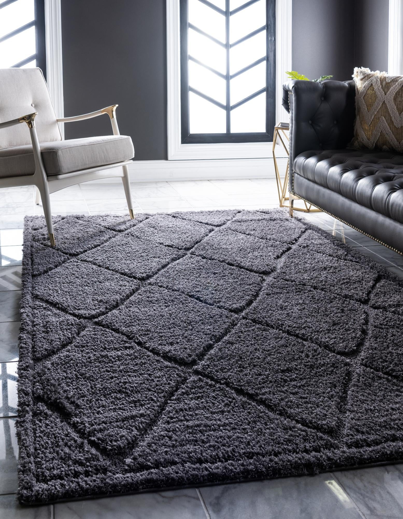 Luxurious Dark Gray Trellis Shag Rug 5' x 8' for Indoor Elegance