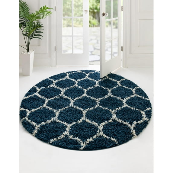 Unique Loom Trellis Shag Collection Area Rug - Ruby (10' Round Navy Blue/Ivory)