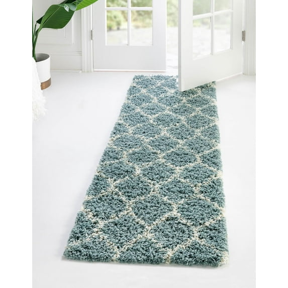 Unique Loom Trellis Shag Collection Area Rug - Ruby (2' 7" x 10' Runner Light Blue/Ivory)