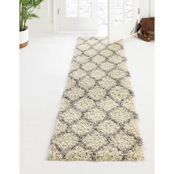 Unique Loom Trellis Shag Collection Area Rug - Ruby (2' 7" x 12' Runner Ivory/Gray)