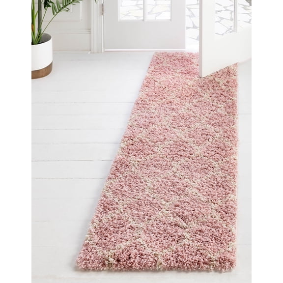 Unique Loom Trellis Shag Collection Area Rug - Ruby (2' x 5' Runner Light Pink/Ivory)