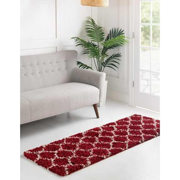 Unique Loom Trellis Shag Collection Area Rug - Ruby (2' x 6' Runner Burgundy Red/Ivory)