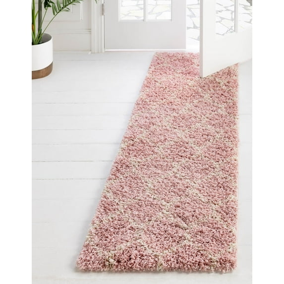 Unique Loom Trellis Shag Collection Area Rug - Ruby (2' x 6' Runner Light Pink/Ivory)