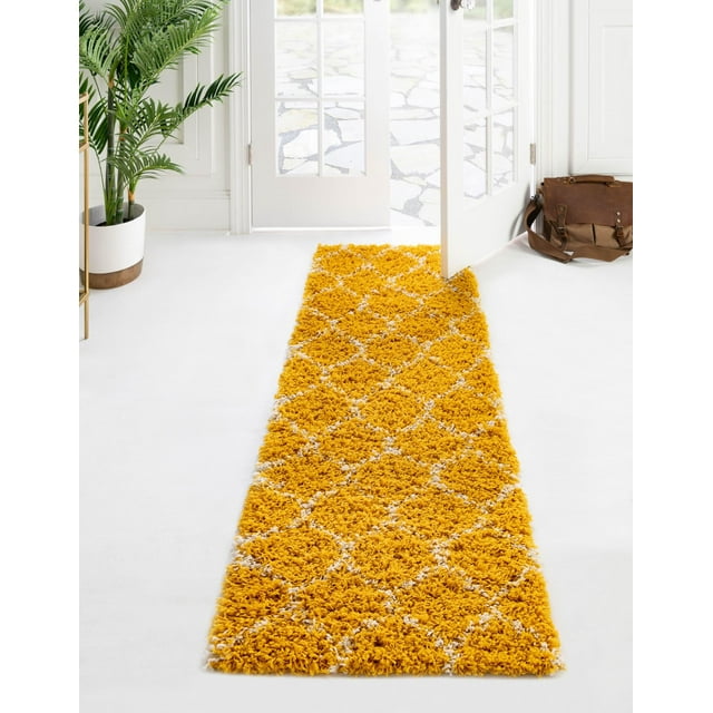 Unique Loom Trellis Shag Collection Area Rug - Ruby (2' x 6' Runner Yellow/Ivory)