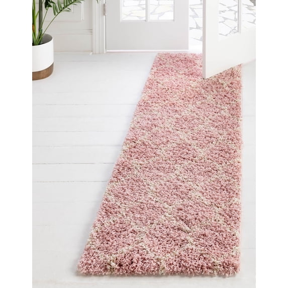 Unique Loom Trellis Shag Collection Area Rug - Ruby (2' x 7' Runner Light Pink/Ivory)