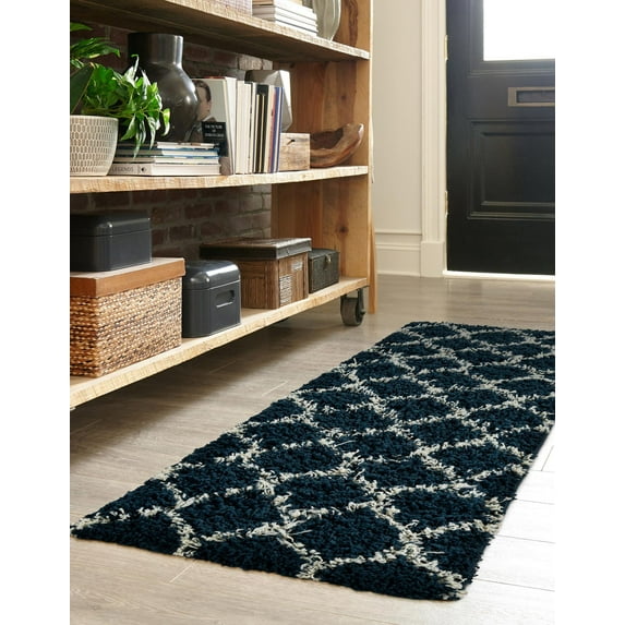 Unique Loom Trellis Shag Collection Area Rug - Ruby (2' x 8' Runner Navy Blue/Ivory)