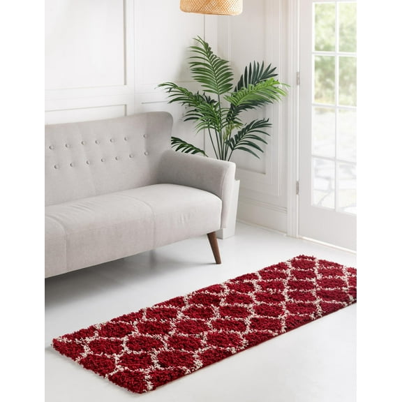 Unique Loom Trellis Shag Collection Area Rug - Ruby (3' 3" x 16' 5" Runner Burgundy Red/Ivory)