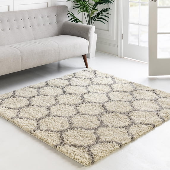Unique Loom Trellis Shag Collection Area Rug - Ruby (4' Square Ivory/Gray)