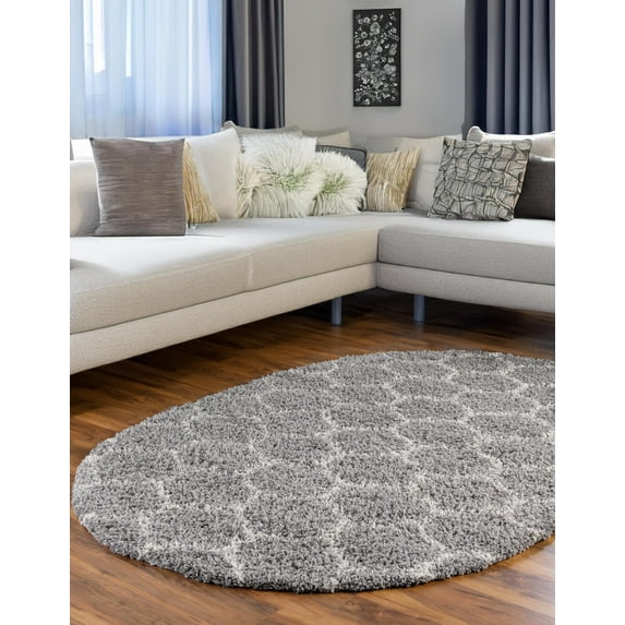 Unique Loom Trellis Shag Collection Area Rug - Ruby (4' x 6' Oval Gray/Ivory)