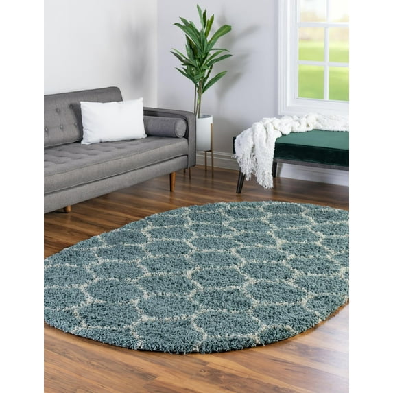 Unique Loom Trellis Shag Collection Area Rug - Ruby (4' x 6' Oval Light Blue/Ivory)