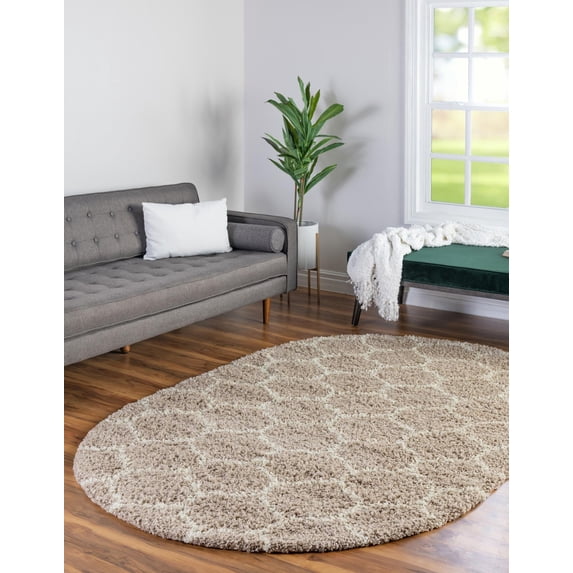 Unique Loom Trellis Shag Collection Area Rug - Ruby (4' x 6' Oval Light Brown/Ivory)