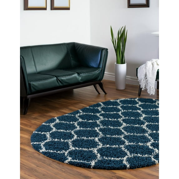Unique Loom Trellis Shag Collection Area Rug - Ruby (4' x 6' Oval Navy Blue/Ivory)