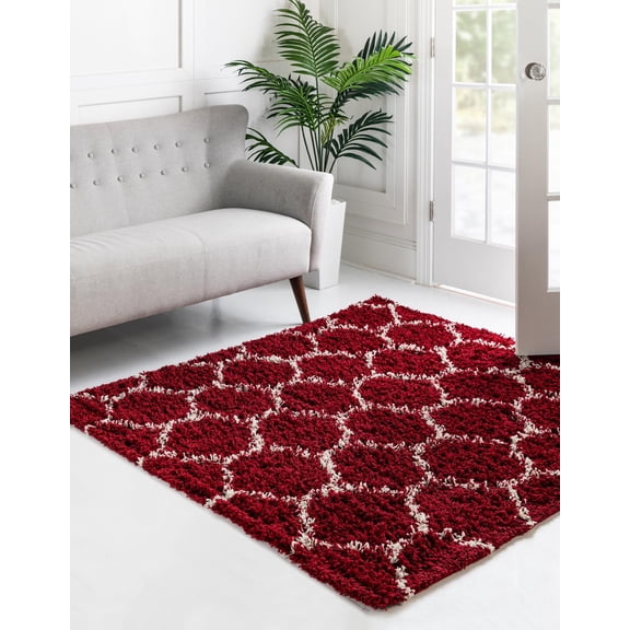 Unique Loom Trellis Shag Collection Area Rug - Ruby (5' 3" Square Burgundy Red/Ivory)