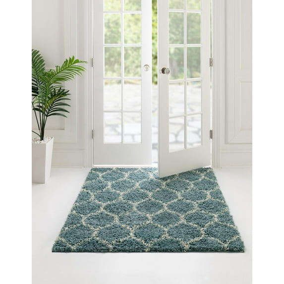 Unique Loom Trellis Shag Collection Area Rug - Ruby (5' 3" Square Light Blue/Ivory)