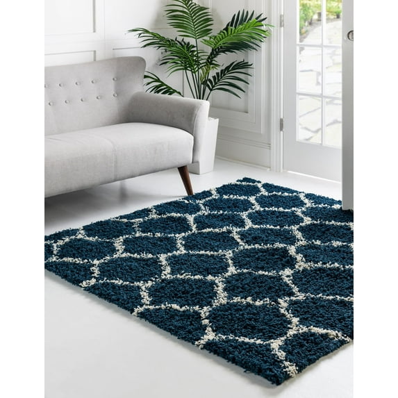 Unique Loom Trellis Shag Collection Area Rug - Ruby (5' 3" Square Navy Blue/Ivory)